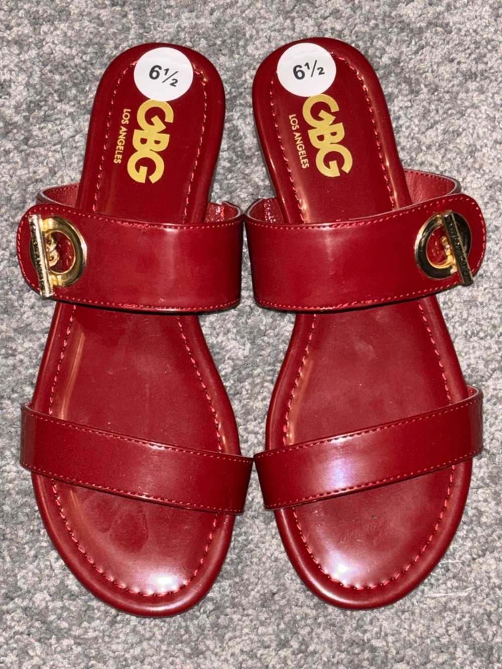 GBG Los Angeles Red Leather Double-Strap Slide Sandals with Gold Buckle